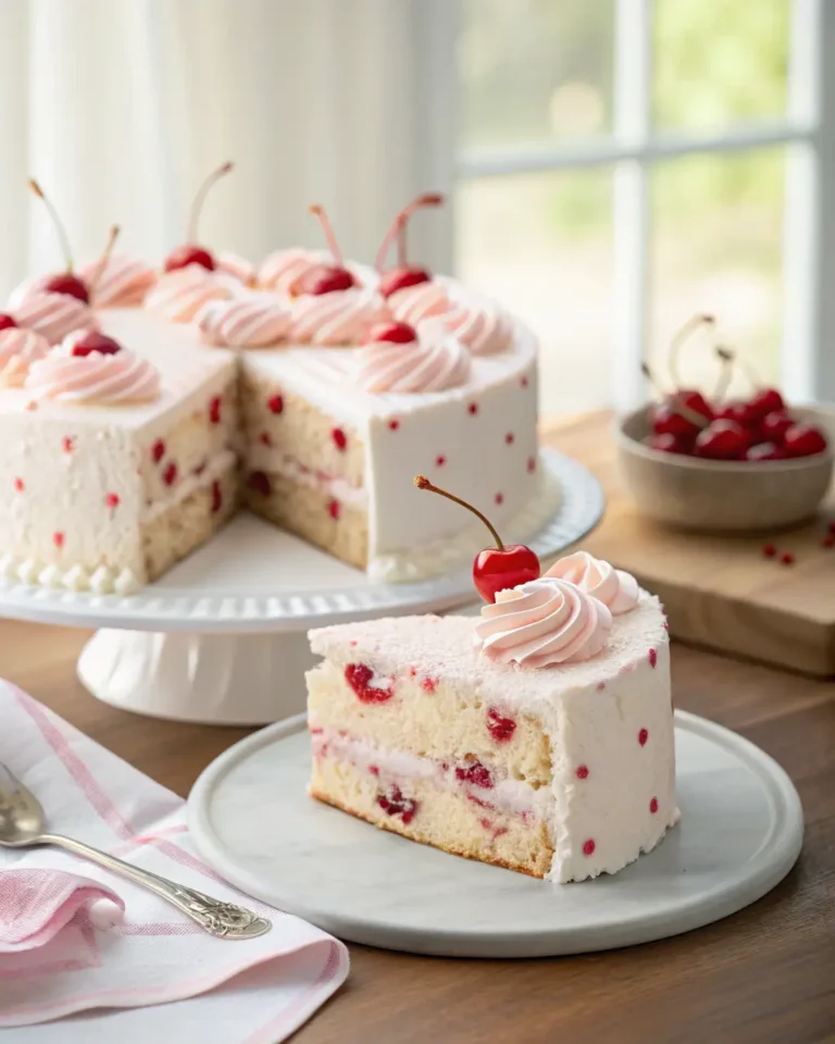Slice of cherry chip cake with pink frosting and cherries on top.