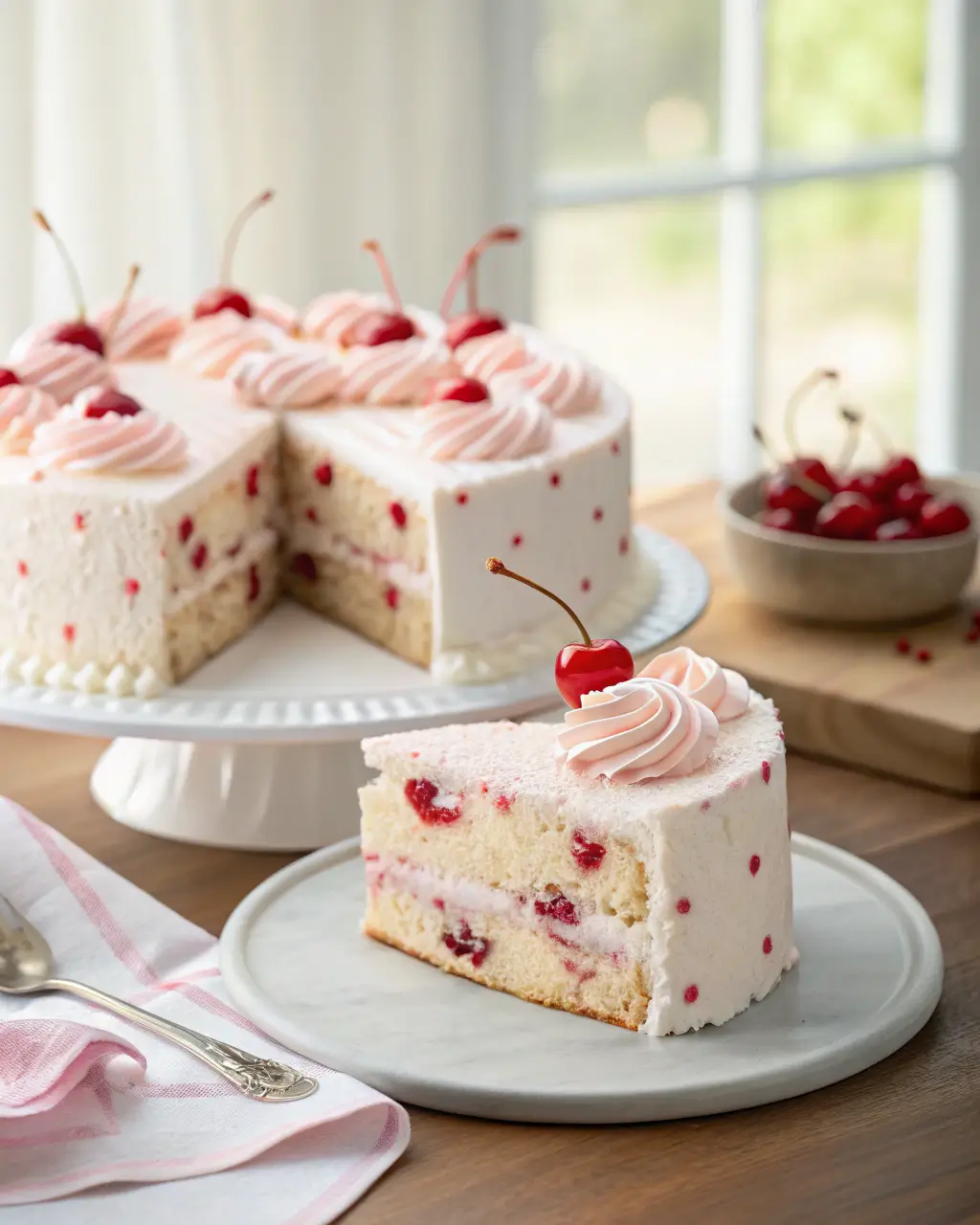 Slice of cherry chip cake with pink frosting and cherries on top.