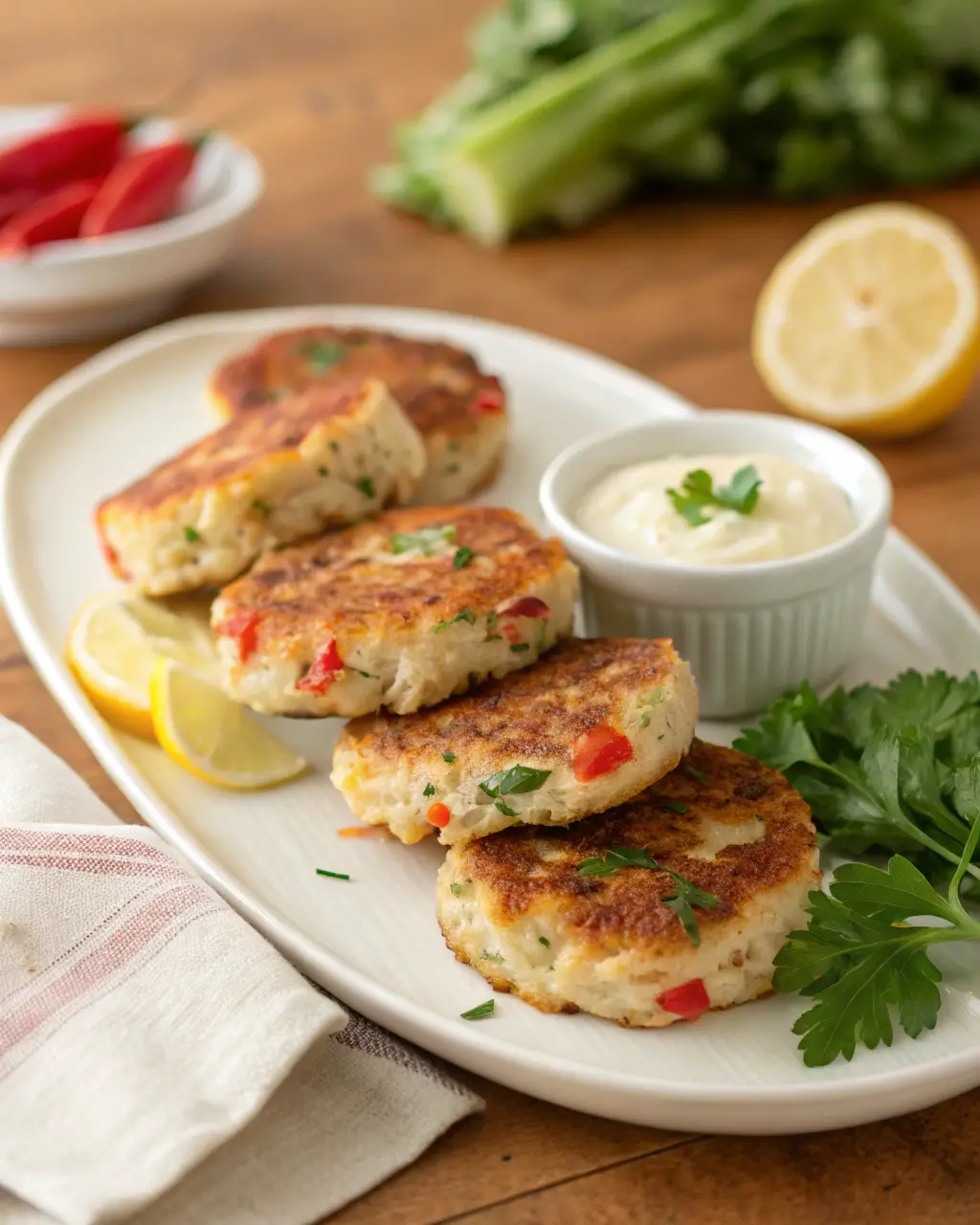 Golden salmon cakes with red pepper pieces served with dipping sauce and lemon wedges.