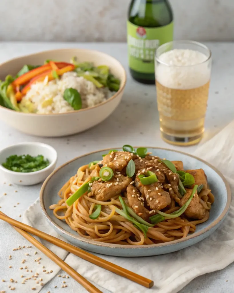 Plate of chicken chow mein with green onions and sesame seeds, served with rice bowl, beer, and chopsticks.
