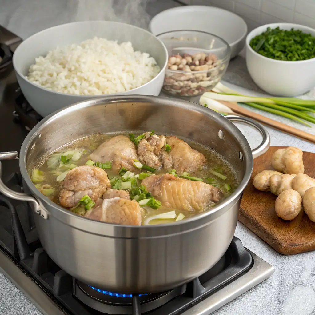 Chicken pieces simmering in a pot of broth with green onions and aromatics on a stovetop.