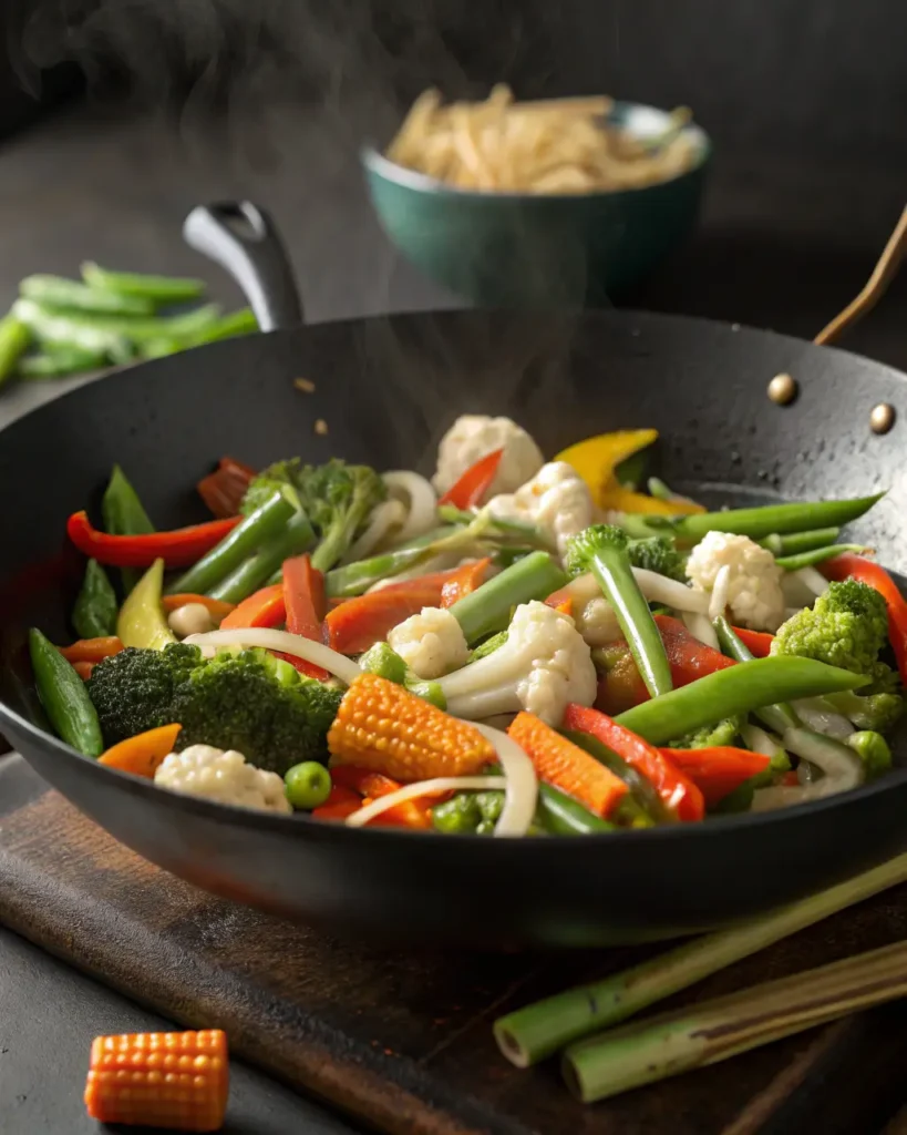 Colorful mixed vegetables stir-frying in a hot wok for Filipino chopsuey.