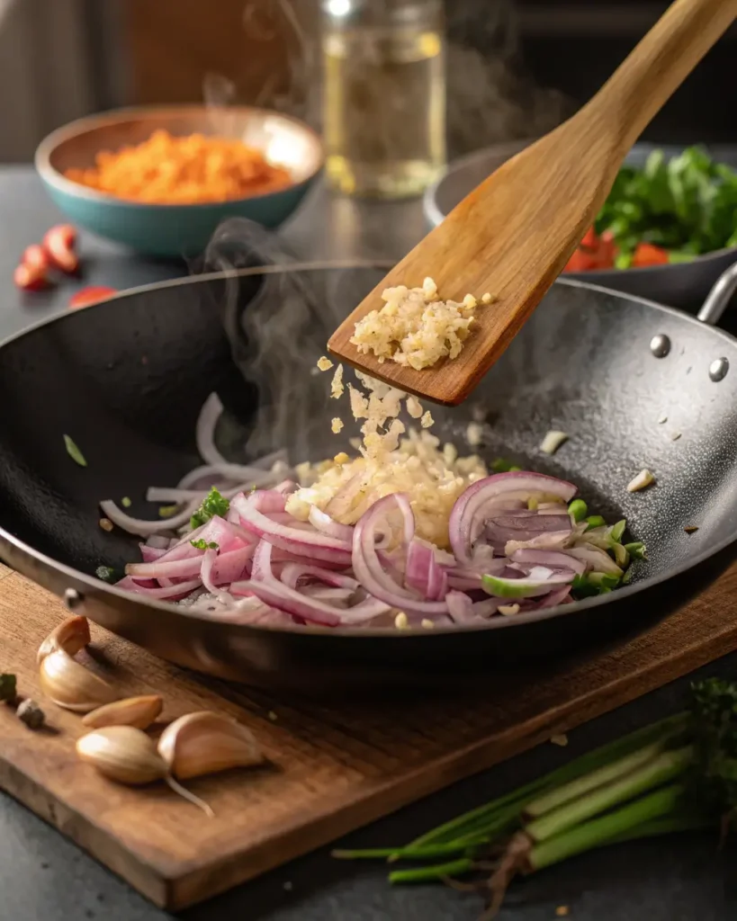 Minced garlic being added to sautéing onions in a hot wok.