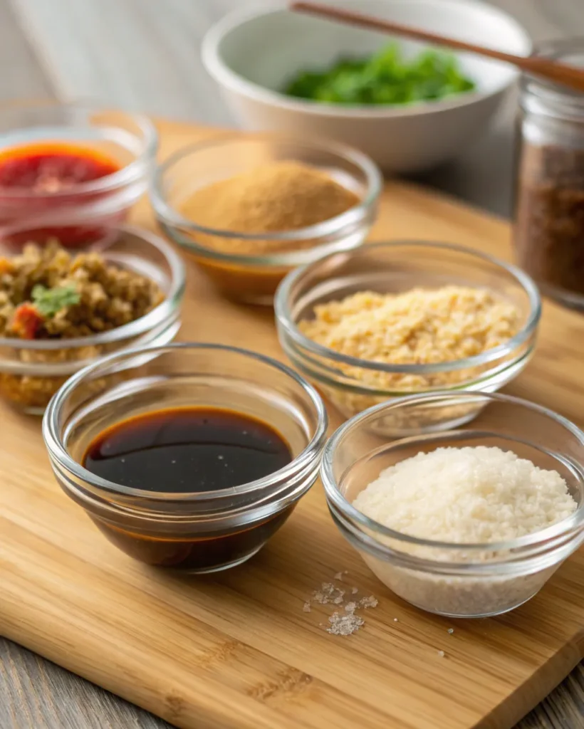 Ingredients for Chow Mein sauce in small glass bowls on wooden board