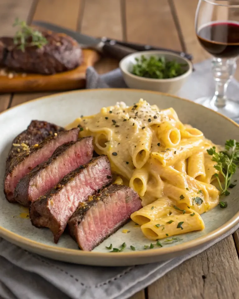 Sliced medium-rare steak served with creamy rigatoni pasta on a plate.