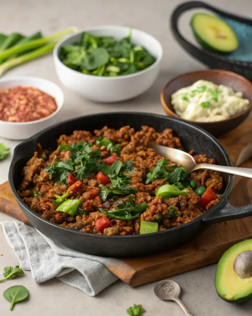 Paleo Taco Skillet Dinner Cooked paleo taco skillet with ground meat, greens, and avocado in a cast iron pan.