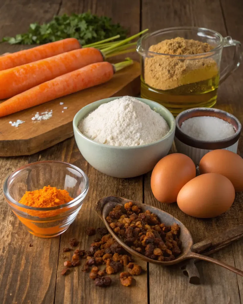 Ingredients for cream cheese frosting including butter, powdered sugar, pecans, and vanilla