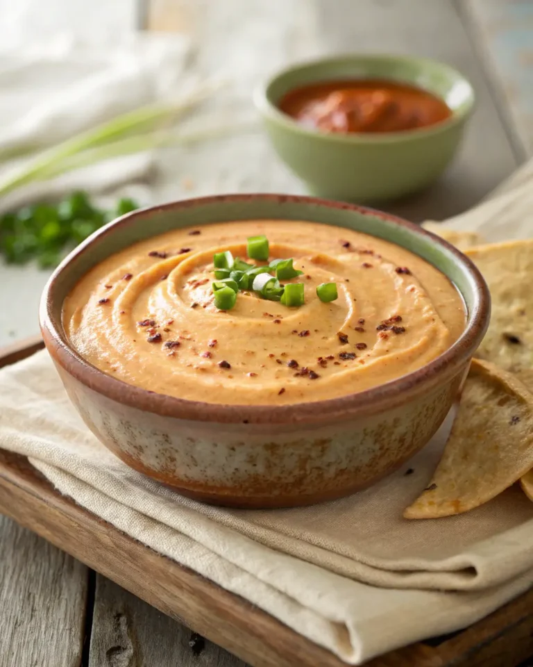 Bowl of creamy chipotle breakfast sauce topped with green onions and chili flakes.