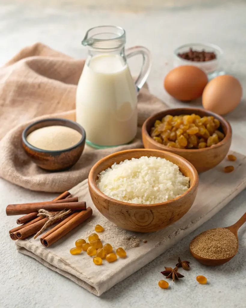 Ingredients for old fashioned rice pudding including jasmine rice, milk, eggs, raisins, cinnamon sticks, sugar, and spices in wooden bowls.