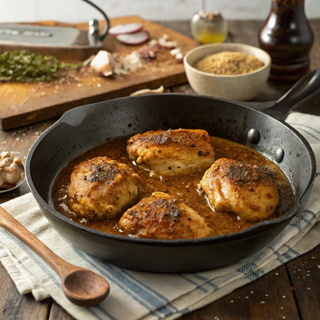Seared chicken thighs simmering in gravy inside a black skillet on a rustic table.