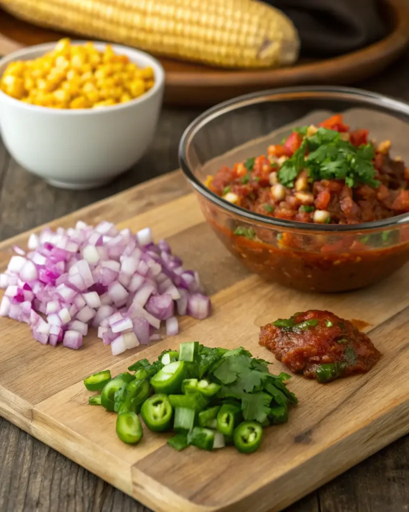 Ingredients for chipotle corn salsa including diced red onion, jalapeño, cilantro, chipotle sauce, and corn