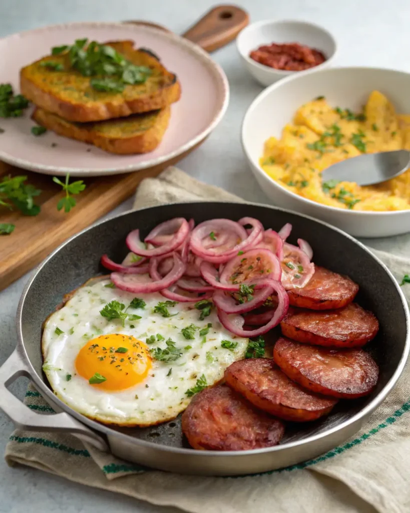 Dominican breakfast with fried egg, salami, pickled onions, and sides of mangu and toast with herbs.