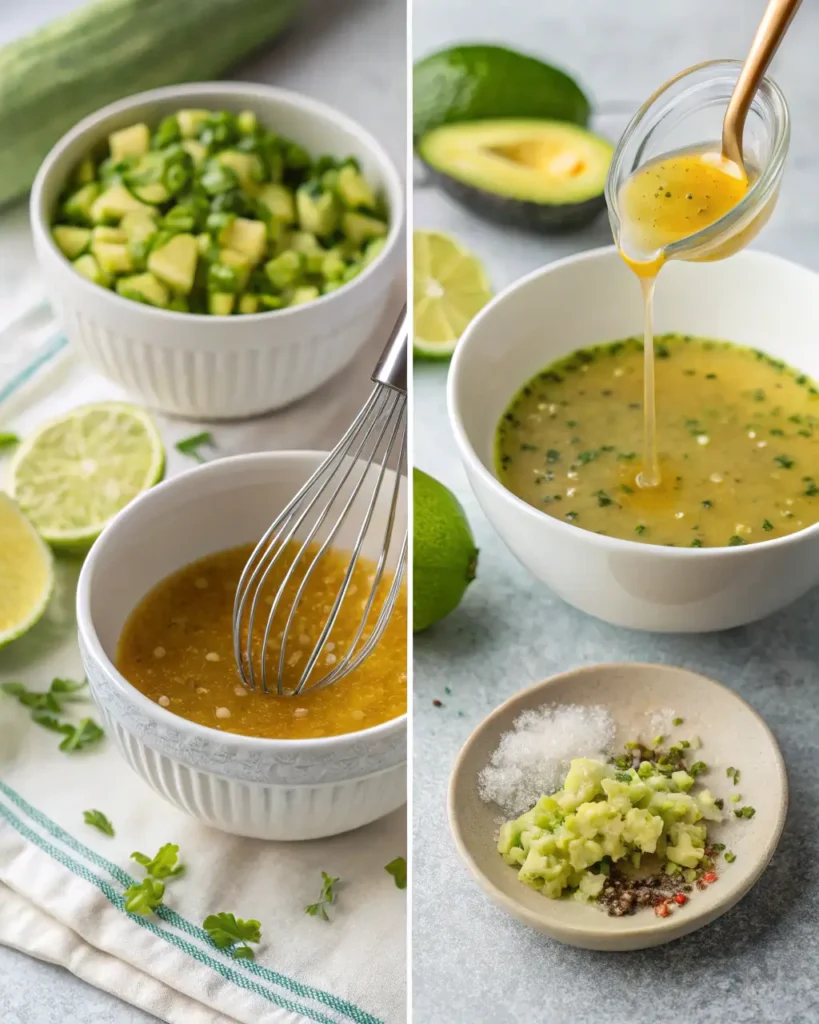 Two images showing honey lime dressing preparation: whisking ingredients in a bowl and pouring dressing with chopped garlic, salt, and pepper on the side.