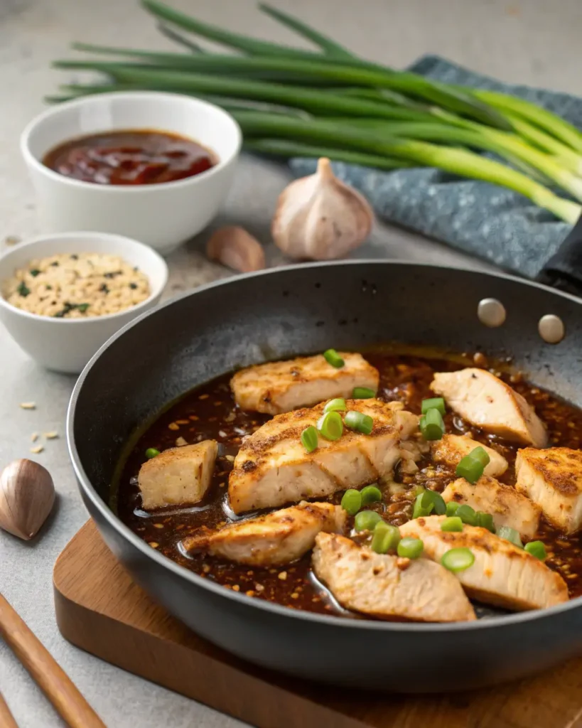 Sliced chicken cooking in Asian sauce topped with green onions in skillet