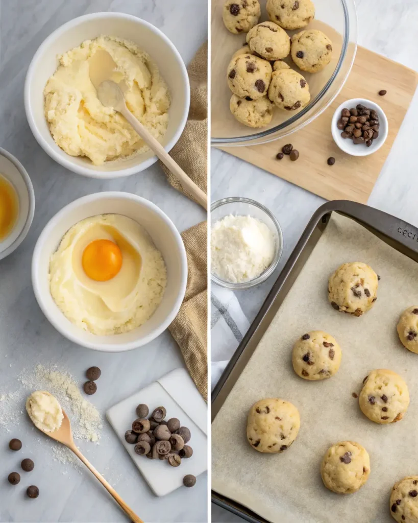 Mixing bowls with gluten free cookie dough ingredients and cookie dough balls ready for baking.