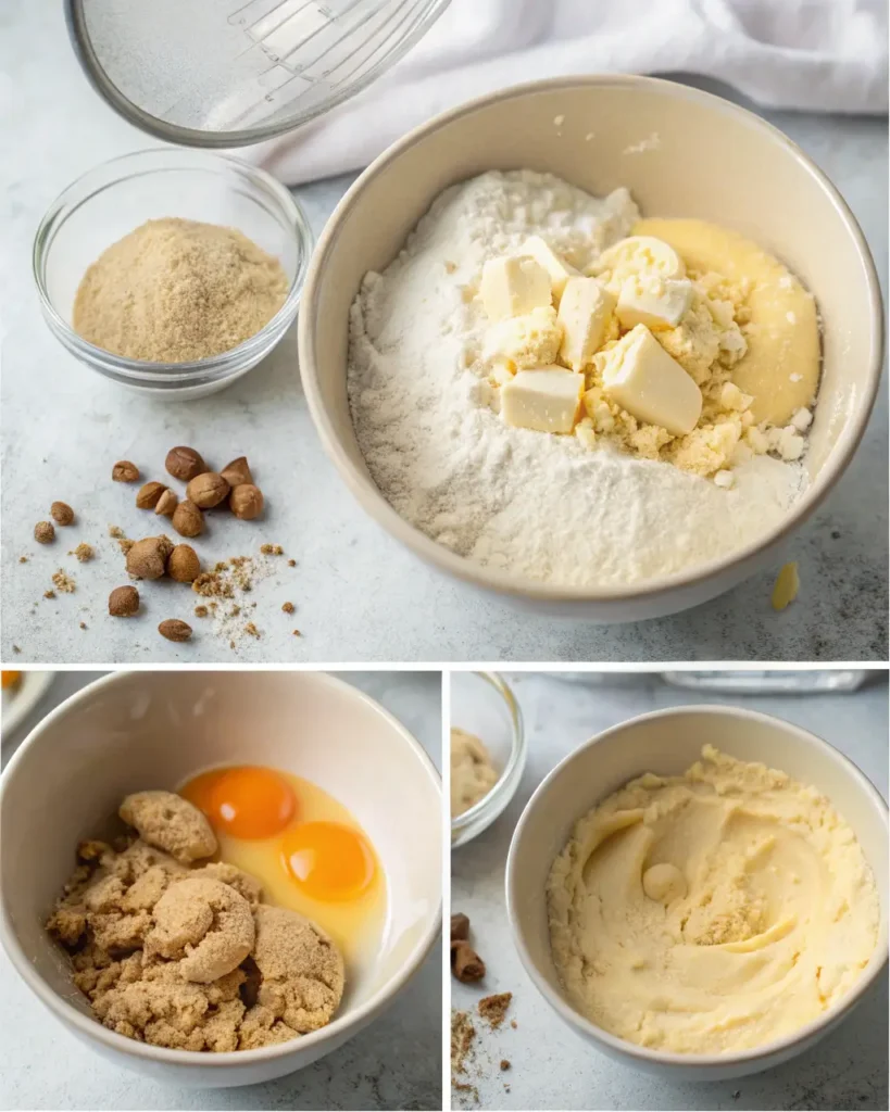 Mixing dry and wet ingredients with butter, sugar, and flour for chocolate chip cookie dough