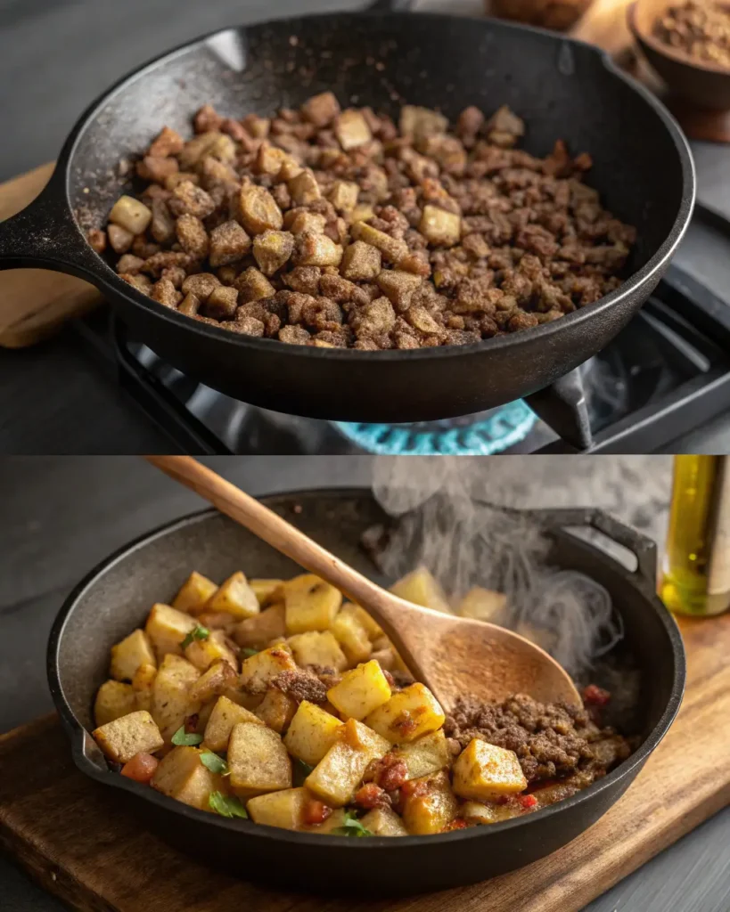 Two stages of cooking ground beef and potatoes in a cast iron skillet.