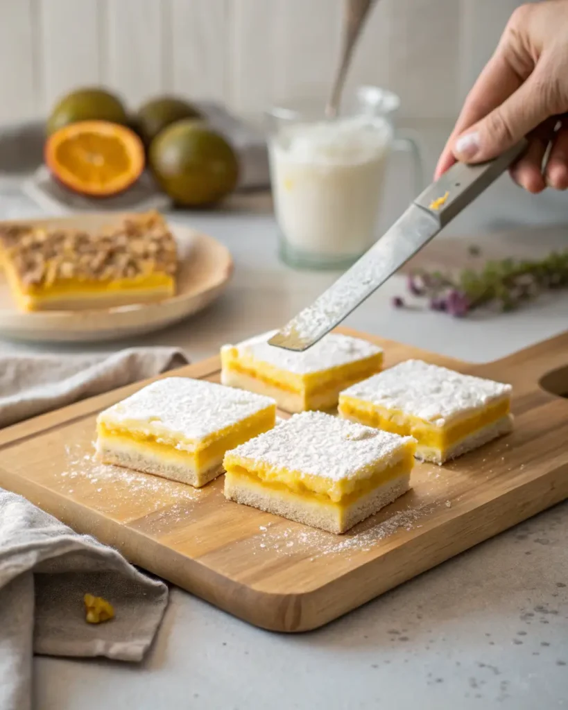 Passion Fruit recipe A hand dusting powdered sugar onto passion fruit bars on a wooden board.