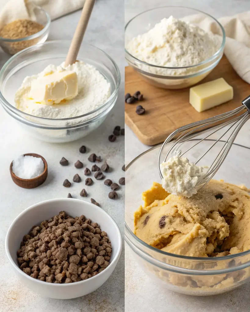 Collage of chocolate chip cookie dough preparation showing mixing dry ingredients, chocolate chips, and cookie dough with whisk