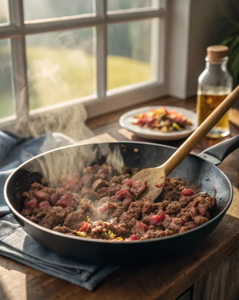 Ground beef browning in a skillet with steam rising near a sunny window.