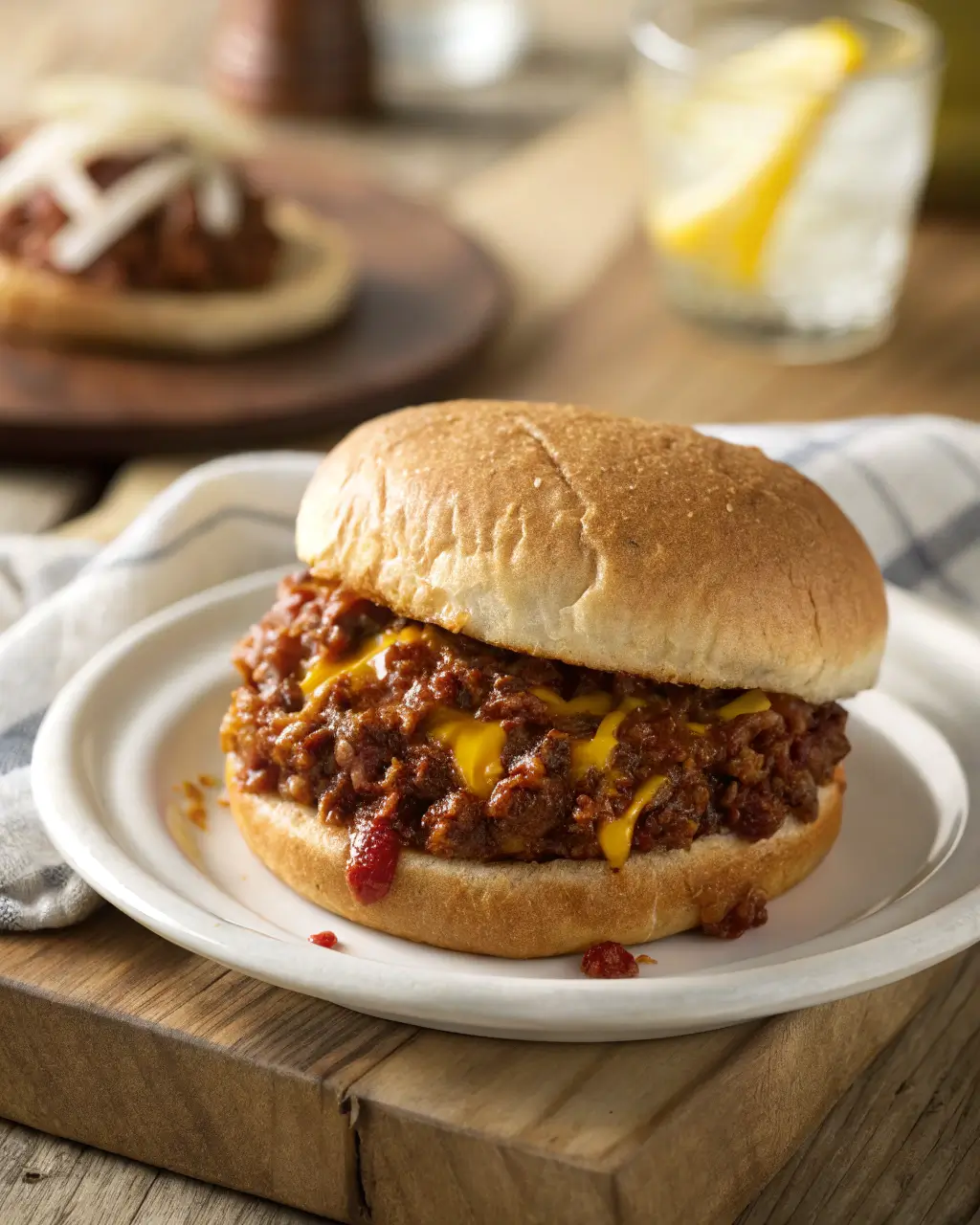 Close-up of a sloppy joe sandwich with melted cheese on a white plate.