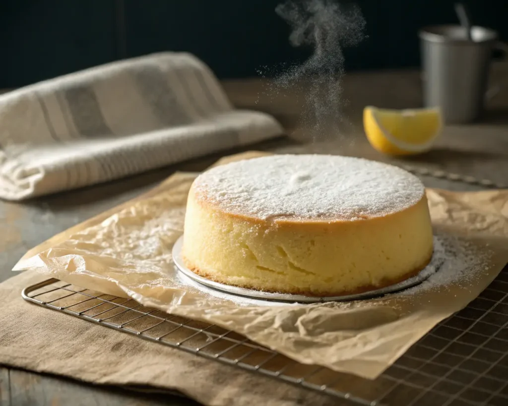 Cloud Cake Recipe: The Easiest Lemon Cake That’s Soft, Light, and Airy Freshly baked lemon cloud cake being dusted with powdered sugar on parchment paper.