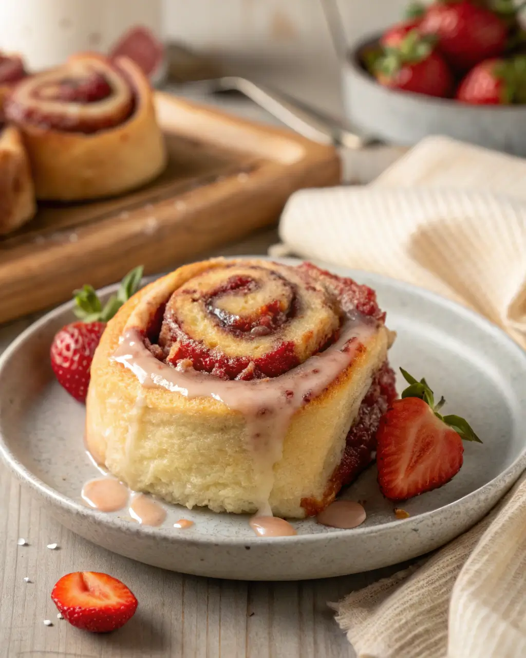 A strawberry cinnamon roll topped with glaze on a plate beside fresh strawberries.