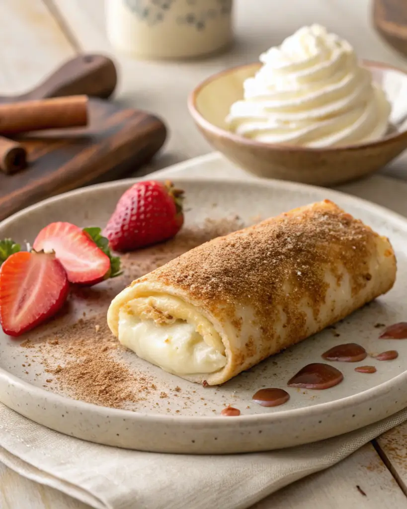 Cheesecake-filled xango rolled in cinnamon sugar with strawberries and whipped cream.