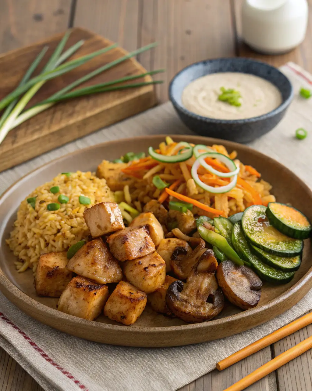 Hibachi tofu served with fried rice, stir-fried vegetables, and creamy dipping sauce on a plate.