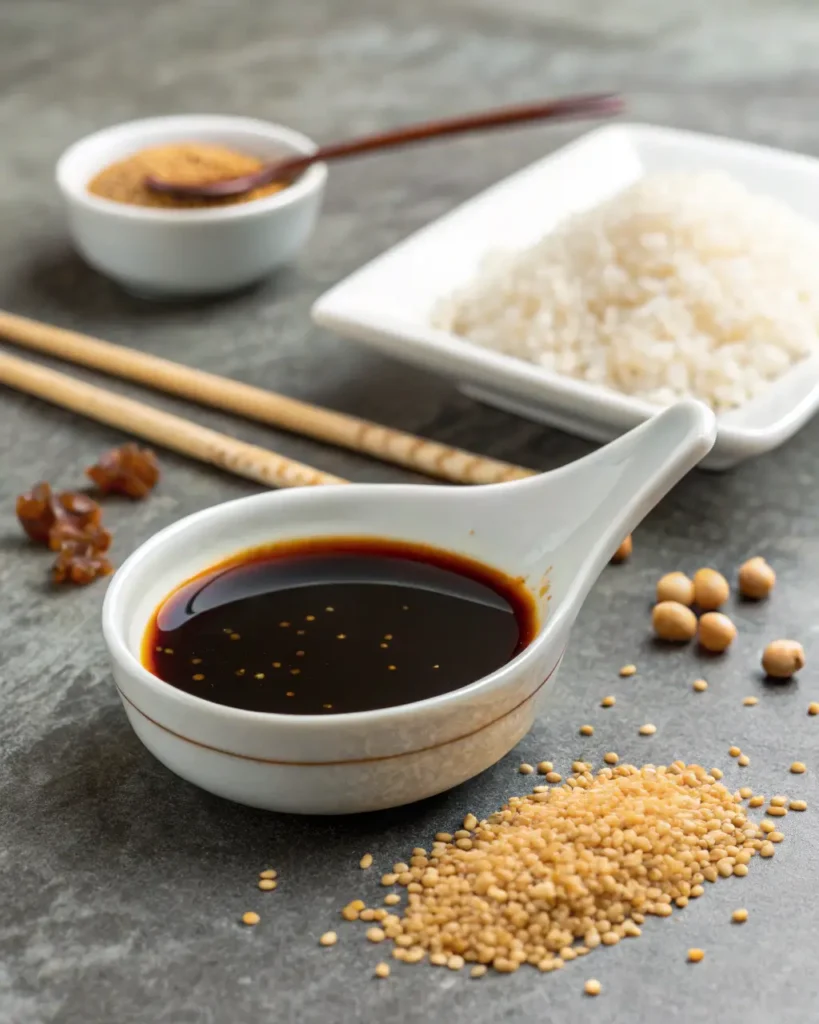 Soy-based chow mein sauce in a white bowl with sesame seeds, rice, and chickpeas on a stone surface.