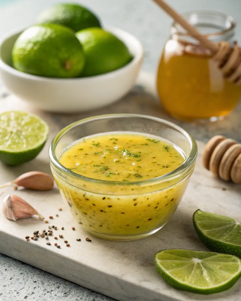Honey lime dressing in a glass bowl with fresh lime slices, garlic cloves, black pepper, and honey jar in the background