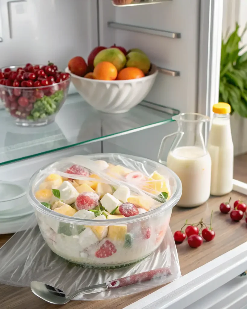 Ambrosia Salad with Cool Whip A covered bowl of ambrosia salad chilling in the refrigerator with fresh fruit and milk nearby