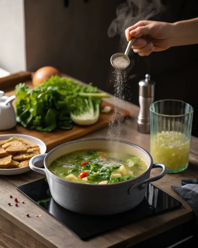 Fresh salad greens and vegetables simmering in a pot as salt is sprinkled in.