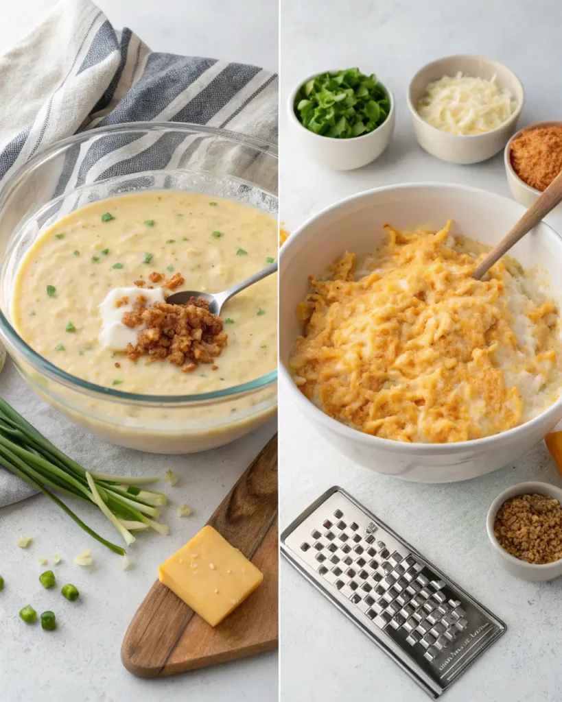 Two bowls showing funeral potato filling prep—one with creamy sauce, one with cheesy mixture.
