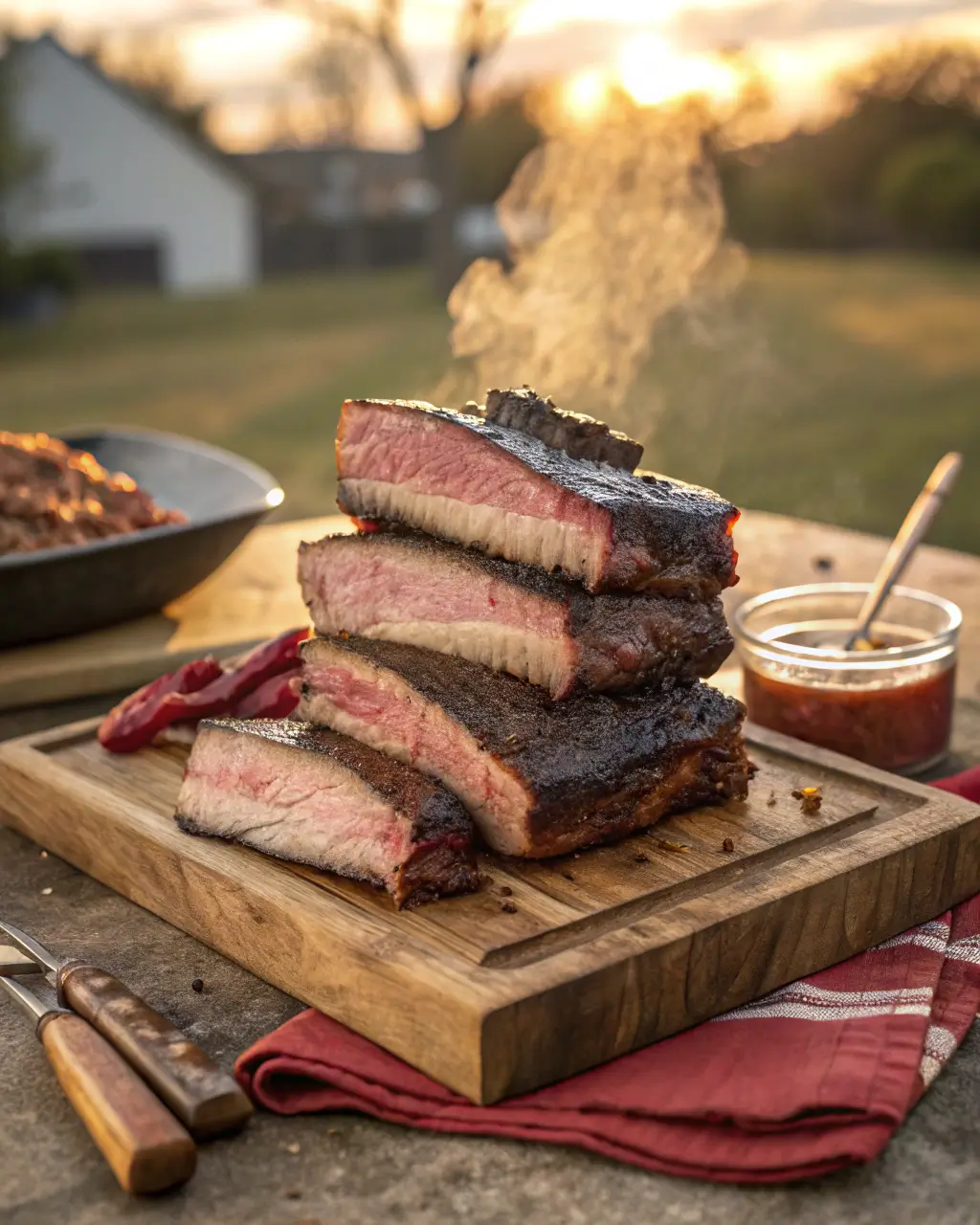 Stack of smoked beef short ribs steaming on a wooden cutting board at sunset.