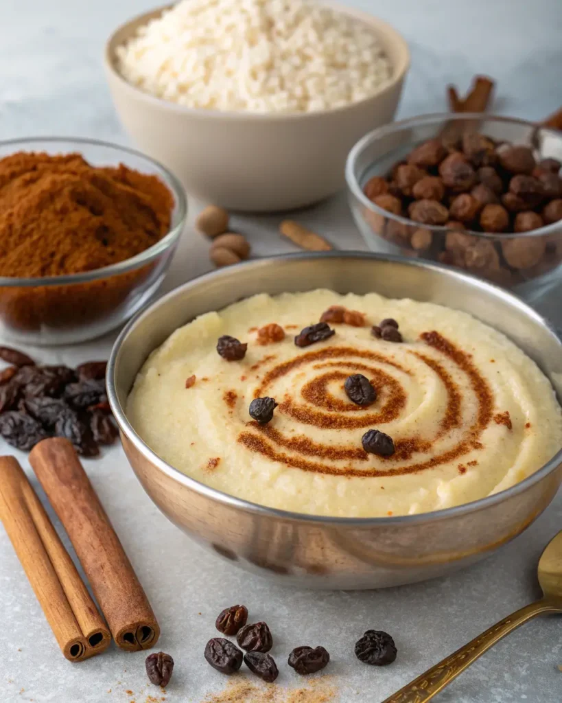 Old fashioned rice pudding in a metal bowl, garnished with cinnamon swirl and raisins, surrounded by spices and rice.