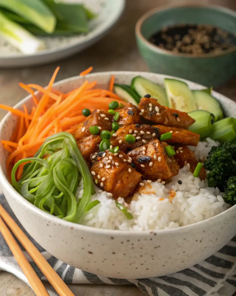 Asian chicken rice bowl with steamed rice, carrots, cucumbers, and green onions