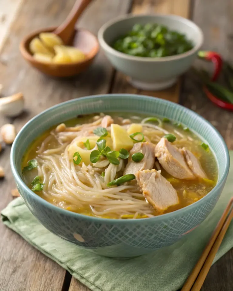 A bowl of chicken long rice soup with glass noodles, sliced chicken, and green onions.