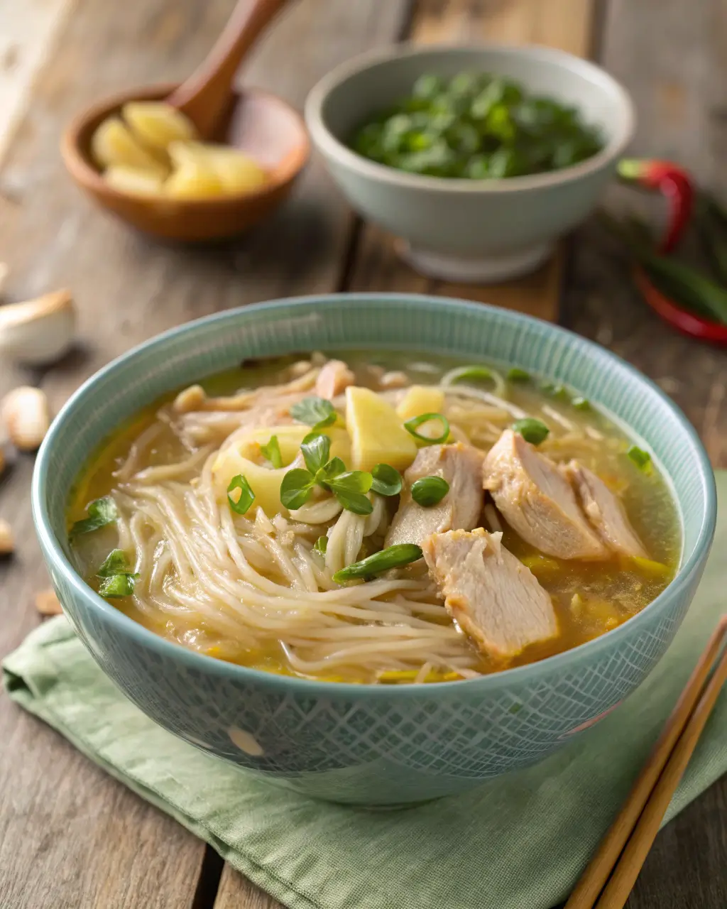 A bowl of chicken long rice soup with glass noodles, sliced chicken, and green onions.