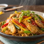 Steaming Chicken Chow Mein with Vegetables and Sesame Caption: