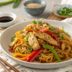 Hot Chicken Chow Mein stir-fried with veggies in a wok