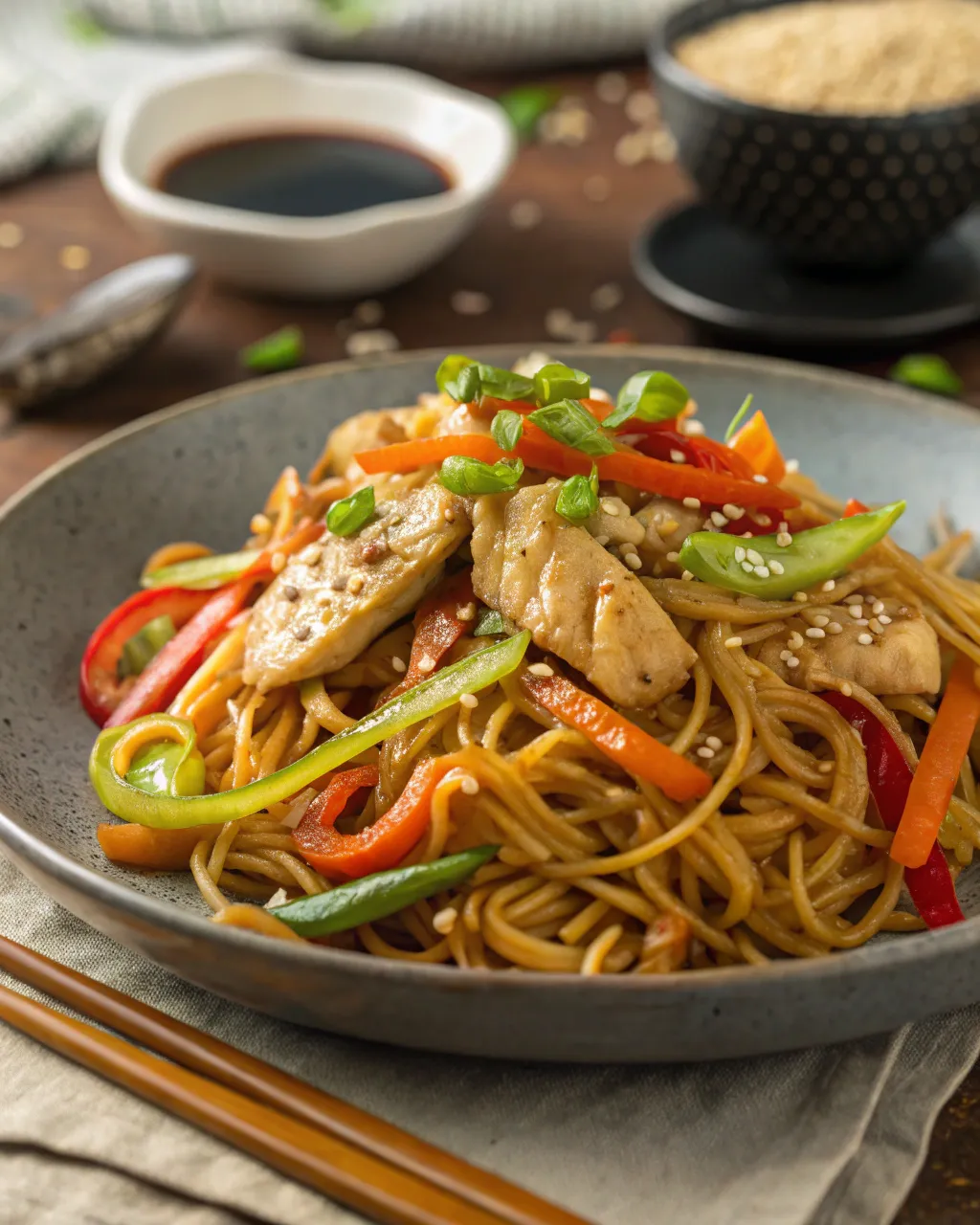 Chicken Chow Mein with noodles, peppers, and sesame seeds on a plate