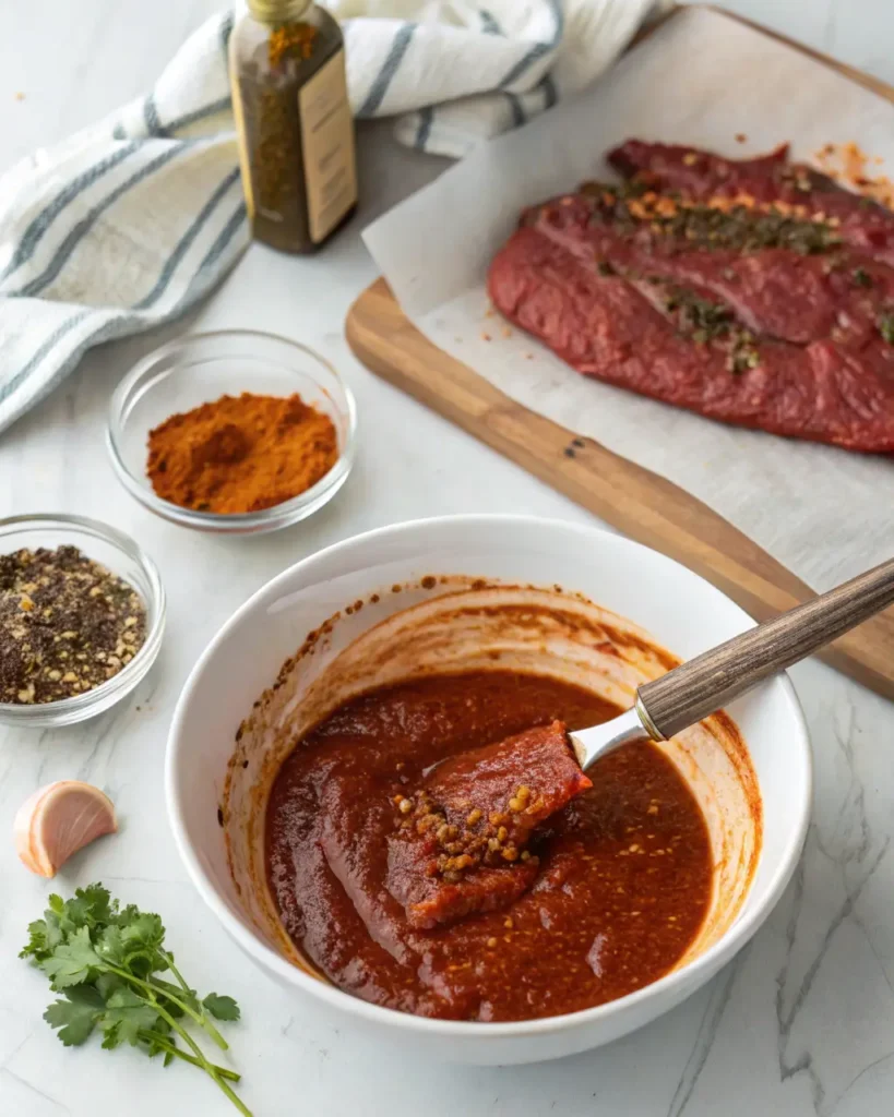 Thick adobo marinade being mixed in a bowl beside raw steak and spices.