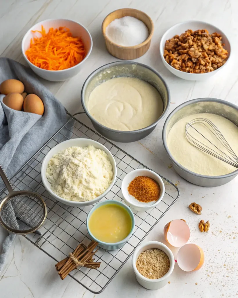 Carrot cake batter and ingredients including carrots, eggs, and spices