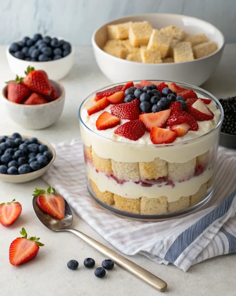 No-bake 4th of July trifle with strawberries, blueberries, pudding, and angel food cake
