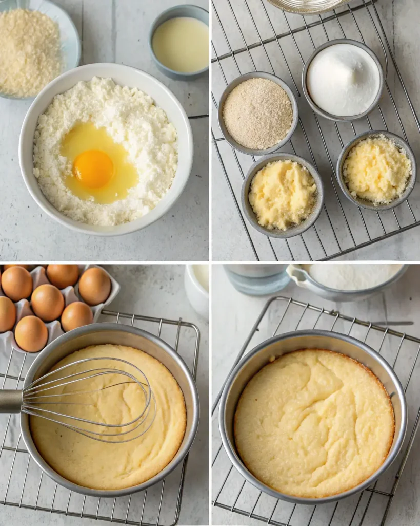 Step-by-step Coconut Cloud Cake batter preparation and baked cake in pans.
