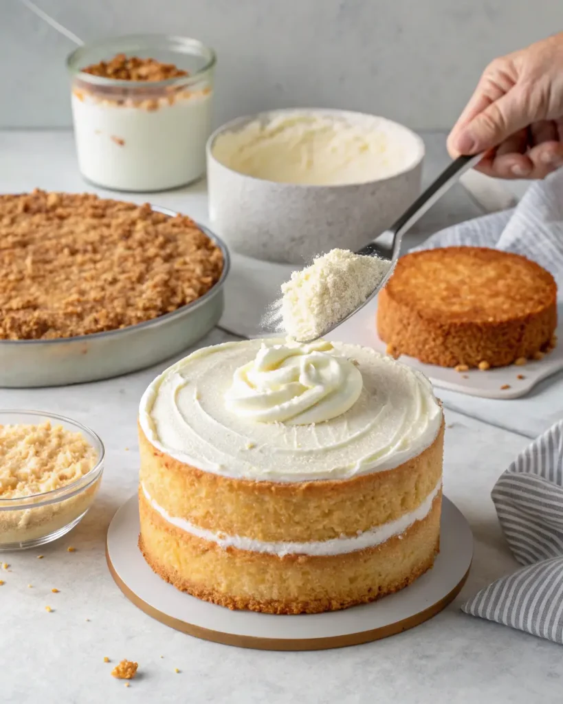 A layered coconut cloud cake recipe covered in creamy frosting and finished with a generous topping of shredded coconut.