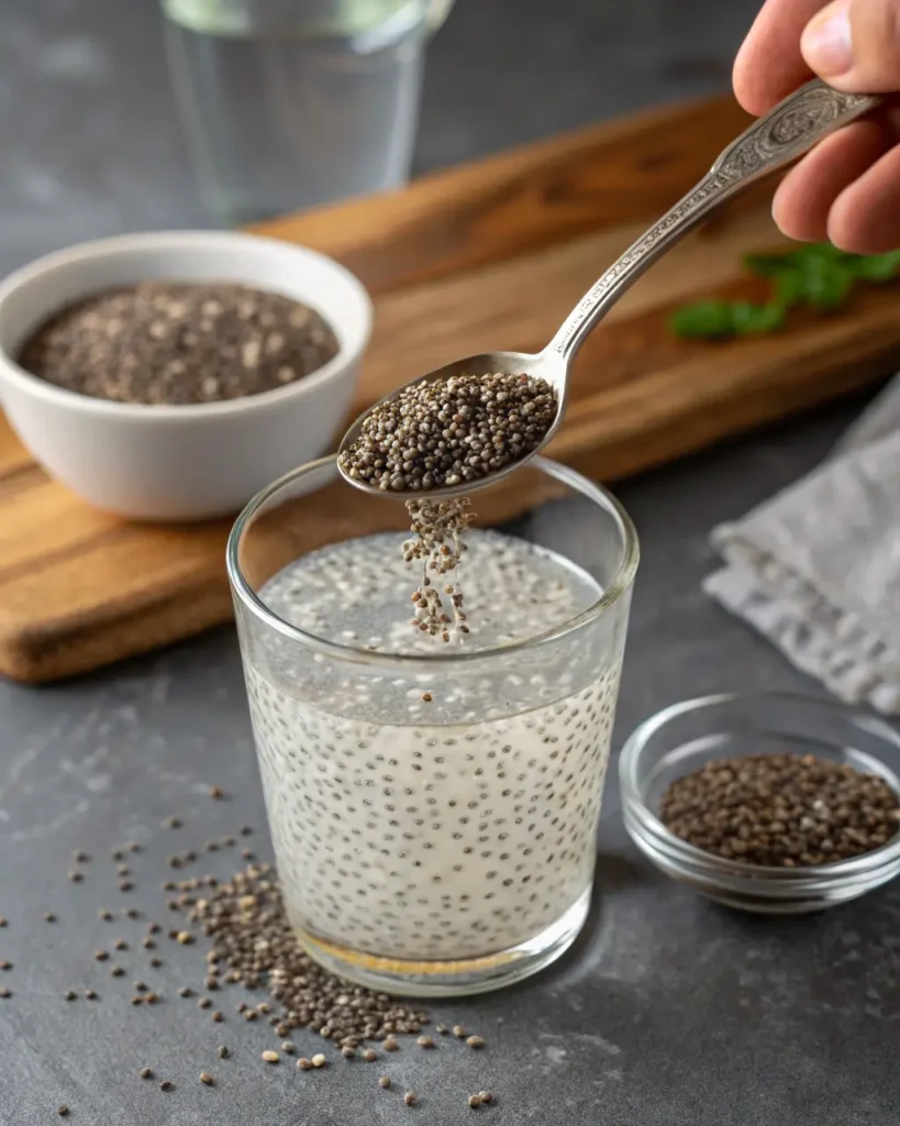 Spoon adding black chia seeds to a glass of hydrated chia seed water for fertility boost
