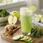 Glass of green apple juice garnished with cucumber, surrounded by fresh juice ingredients.