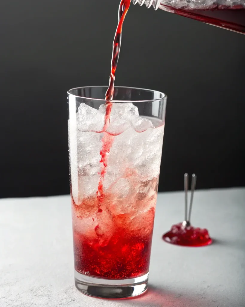 Pouring grenadine into a tall glass of ice for Bomb Pop cocktail.